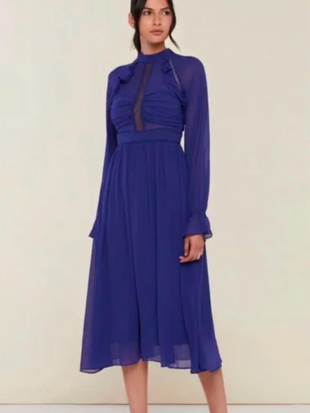 NWT Rachel Parcell Crinkle Chiffon Ruffle Lace Midi Dress Navy Blue 14
